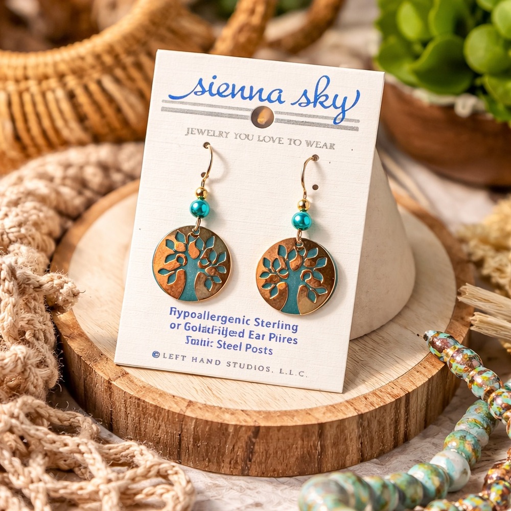 Sienna Sky Tree of Life Earrings Gold Teal Handmade Boho USA